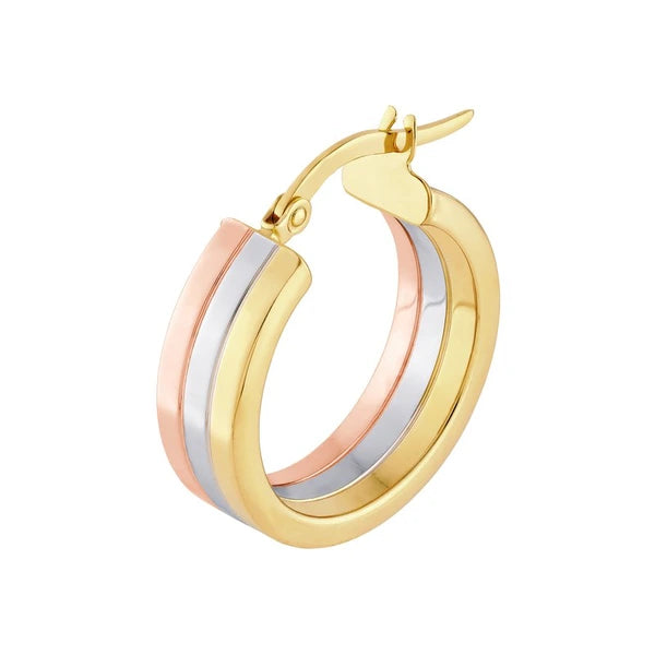 Tri Color 15mm Round Hoop Earrings