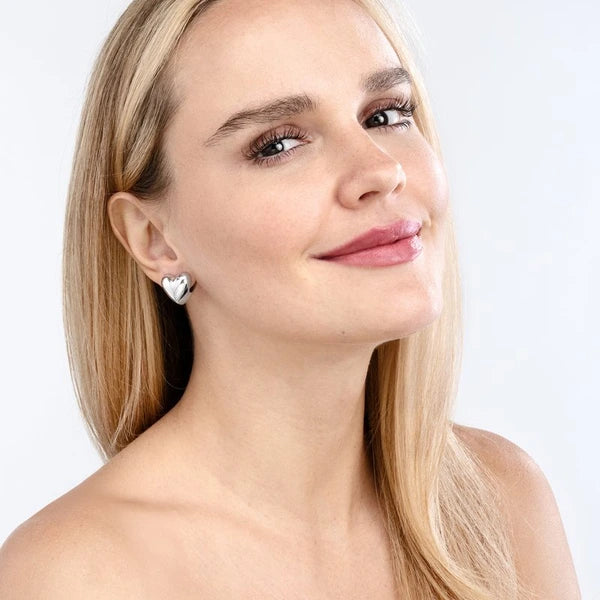 Sterling Silver Heart Puff Hoop Earrings