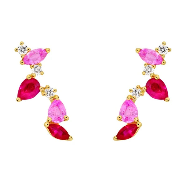 Pink Sapphire and Ruby Blossom Climber Studs