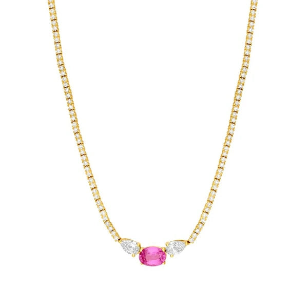 Oval Pink Sapphire and Pear Diamond Tennis Necklace