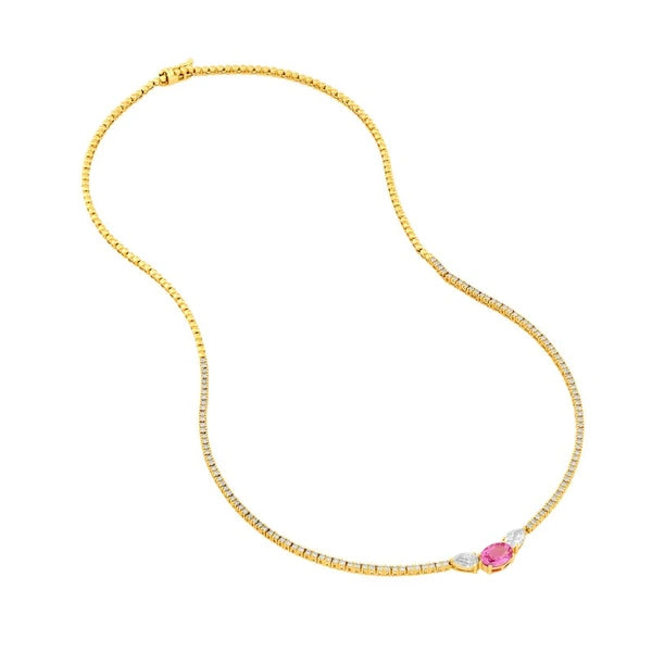 Oval Pink Sapphire and Pear Diamond Tennis Necklace