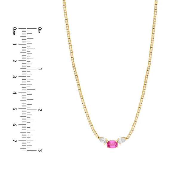 Oval Pink Sapphire and Pear Diamond Tennis Necklace