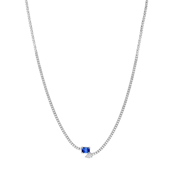 Blue Sapphire and Pear Diamond Tennis Necklace