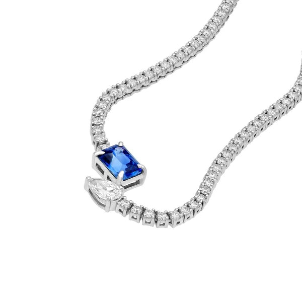 Blue Sapphire and Pear Diamond Tennis Necklace
