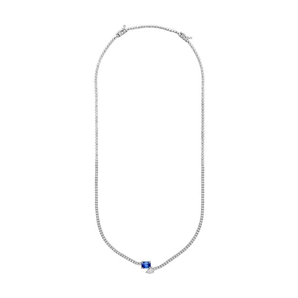 Blue Sapphire and Pear Diamond Tennis Necklace