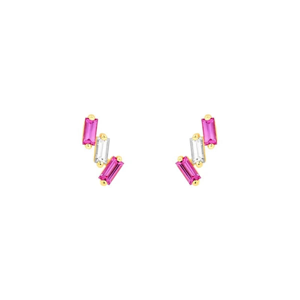 7/8tcw Square Baguette Pink Sapphire & Diamond Stud Earrings