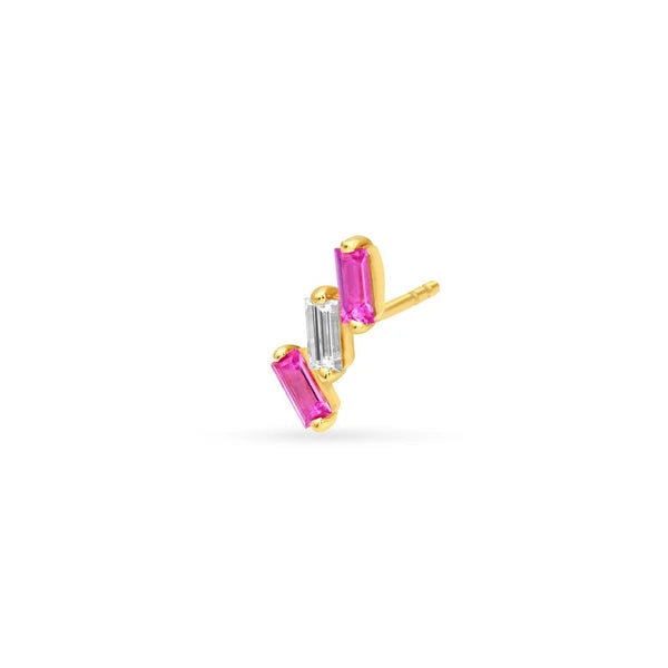 7/8tcw Square Baguette Pink Sapphire & Diamond Stud Earrings