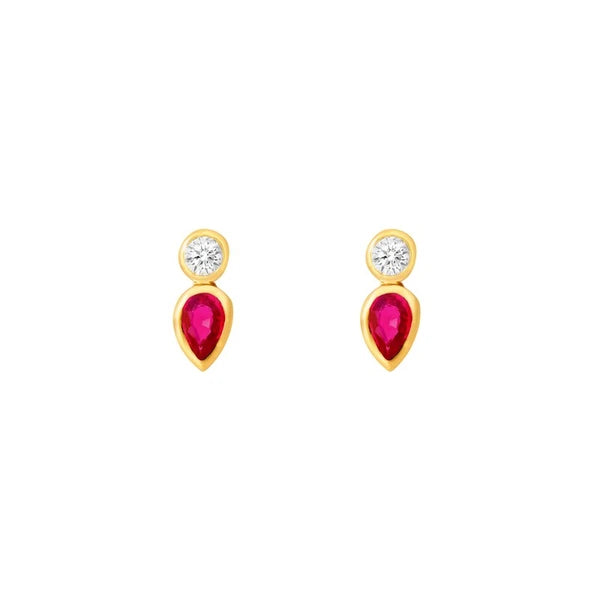 3/8tcw Pear Shape Ruby & Round Diamond Bezel Set Earrings
