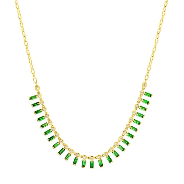 1/2tcw Round Diamond & 3tcw Tsavorite Baguette Fan Necklace