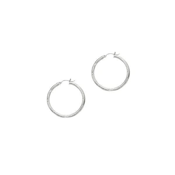 14K White Gold 3mm Diamond Cut &amp; Polished Design Hoop Earring