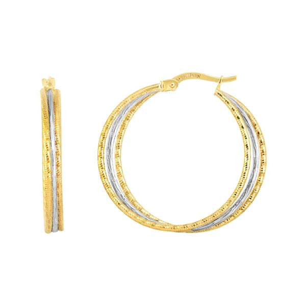 14K Gold Polished &amp; Diamond Cut Double Row Hoop Earring