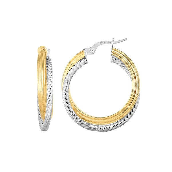 14K Two-tone Gold Polished &amp; Twist Hoop Earring
