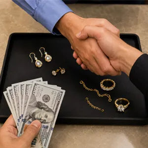 Two people shaking hands over a tray of jewelry and money on a table.