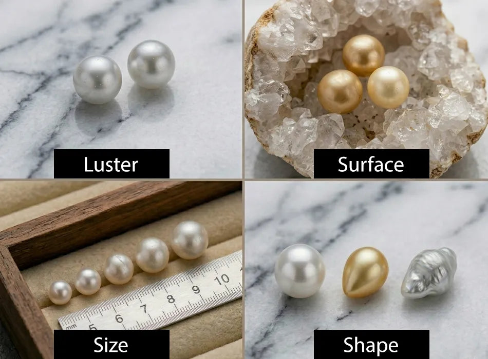 Four panels showing pearls with labels for luster, surface, size, and shape on a marble background.