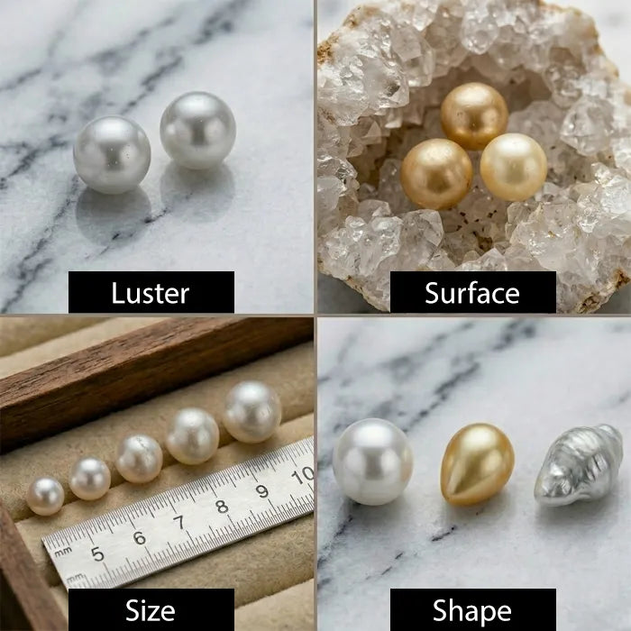 Pearls shown from different angles with labels for luster, surface, size, and shape.