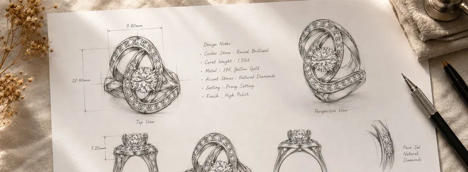 Jewelry design sketches on a piece of paper with a pen and dried flowers.