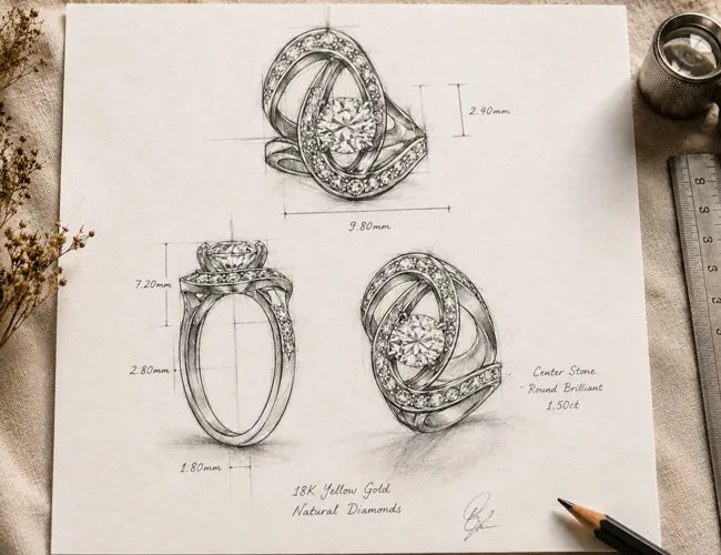 Jewelry design sketches on a piece of paper with a pen and dried flowers.