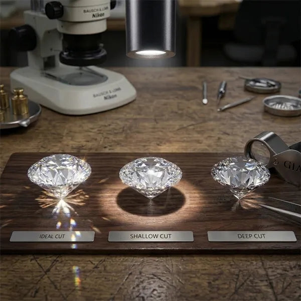 Three diamond cuts displayed on a wooden stand with a microscope in the background.