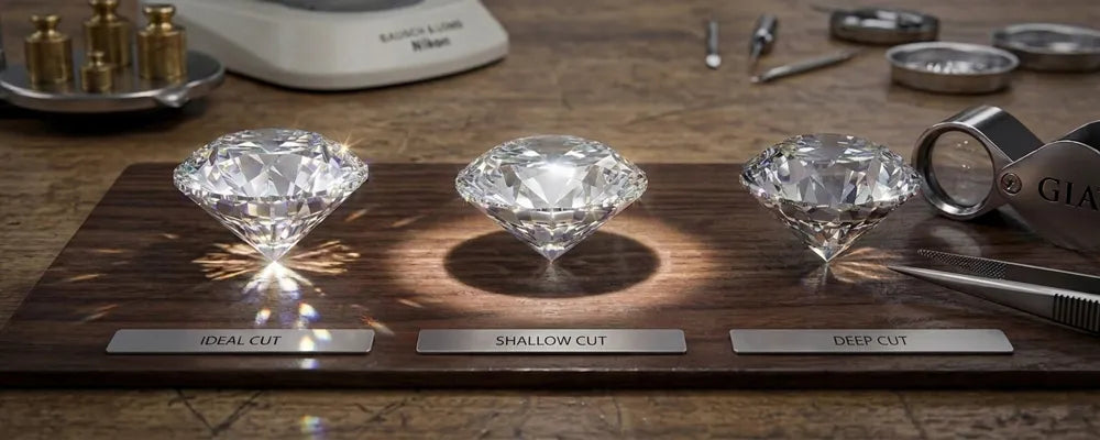 Three diamond models on a wooden stand with labels indicating 'Ideal Cut', 'Shallow Cut', and 'Deep Cut'.