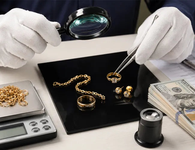 Person examining gold jewelry with a magnifying glass and tweezers on a table.