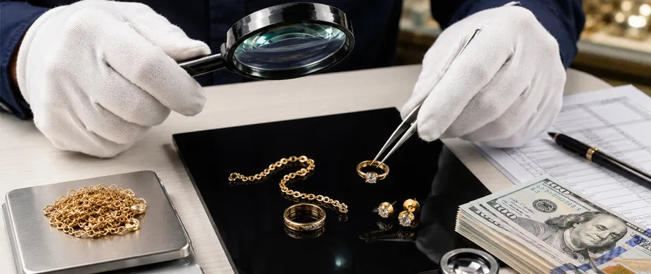 Person examining gold jewelry with a magnifying glass and tweezers on a table.