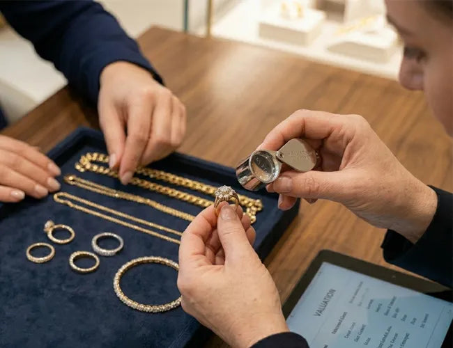Two people examining jewelry on a table with a focus on gold rings.