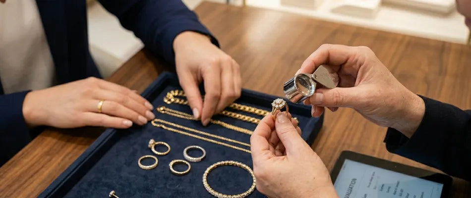 Two people examining jewelry on a table with a focus on gold rings.
