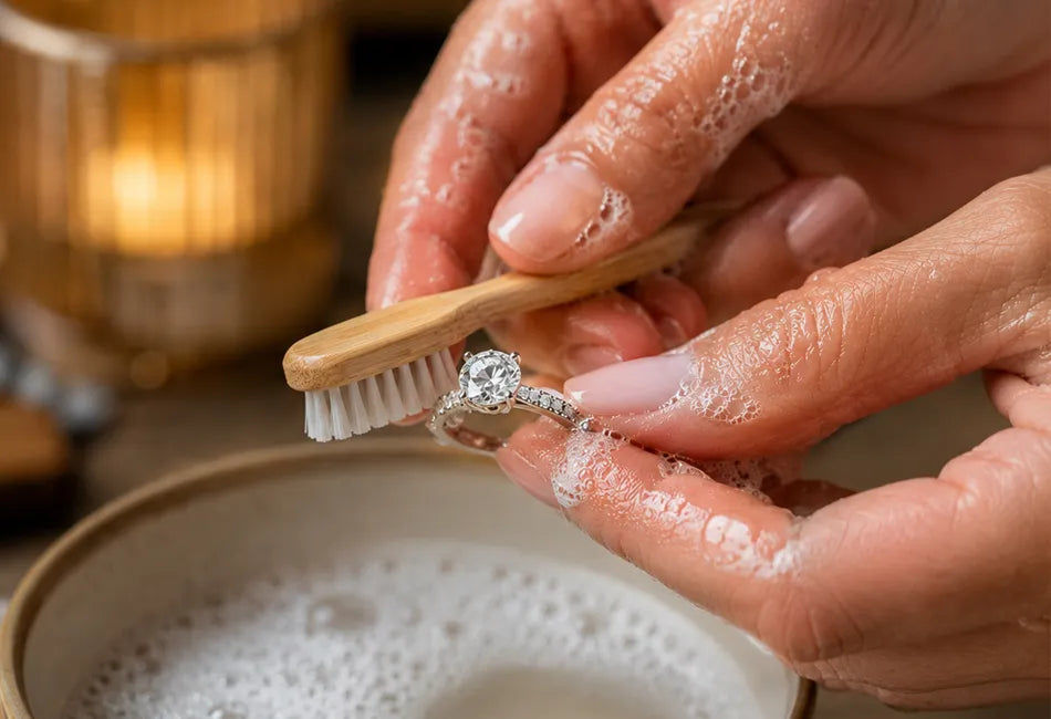 Person cleaning a diamond ring with a wooden brush over a bowl of soapy water.