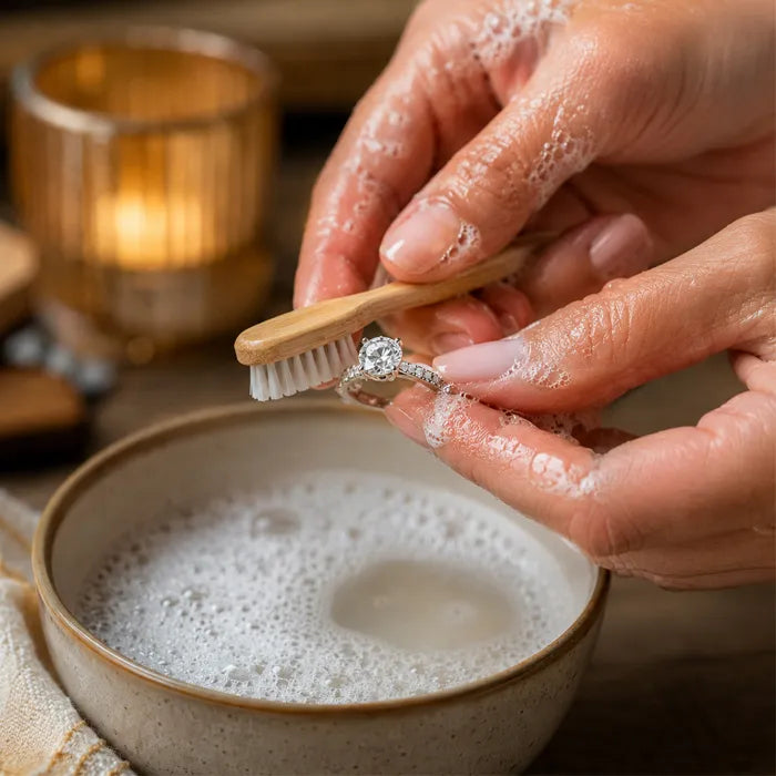 Person cleaning a ring with a wooden brush over a bowl of soapy water.