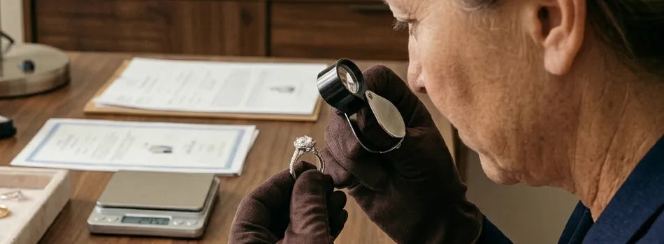 Person examining a ring with a magnifying glass in a jewelry store setting