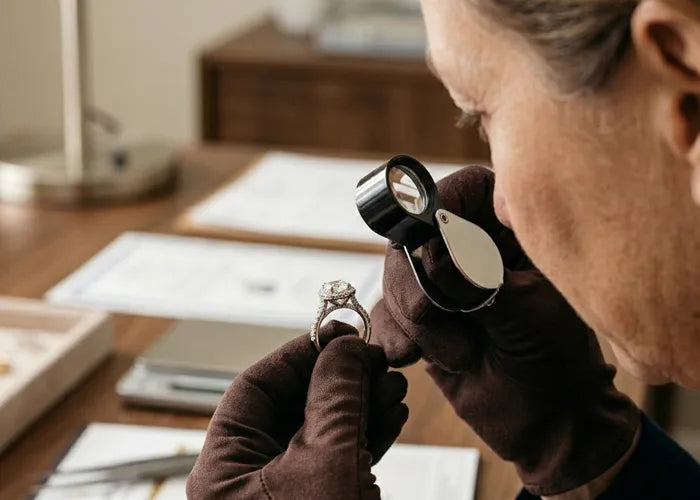 Person examining a ring with a magnifying glass in a jewelry setting
