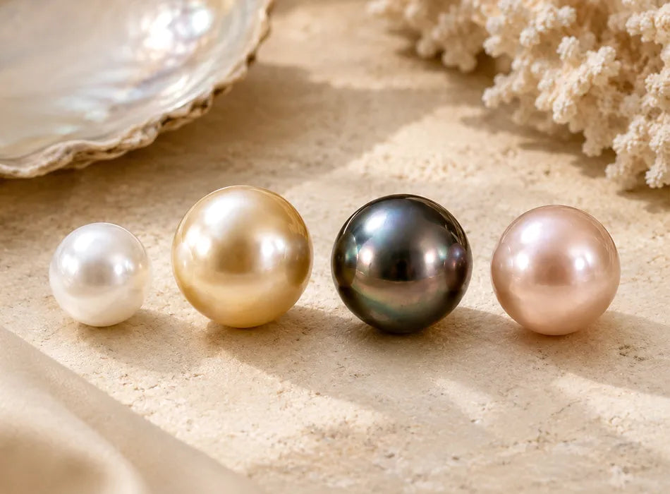 Four pearls of different colors (white, gold, black, pink) on a sandy surface with an oyster shell and coral in the background.