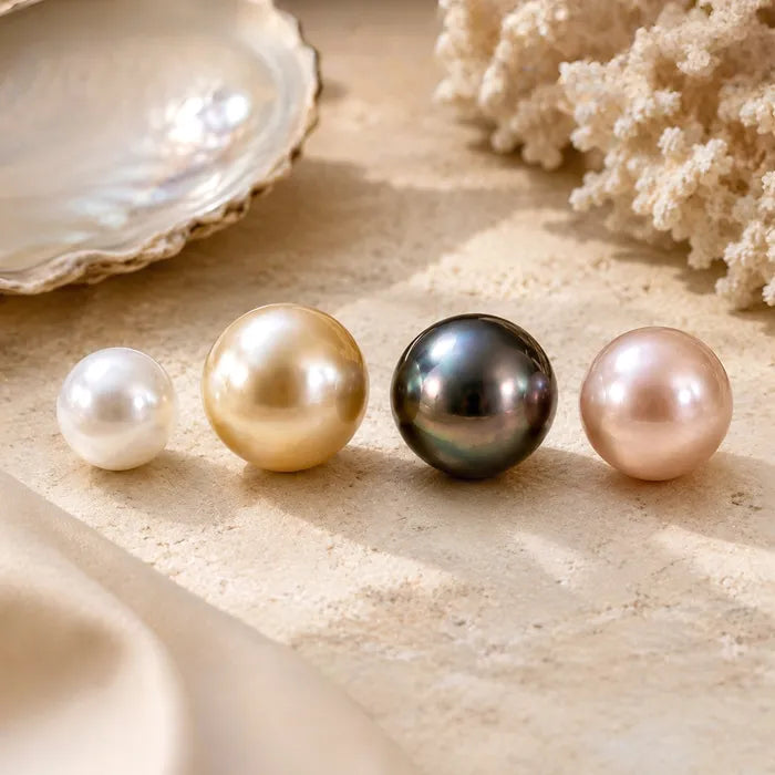 Four pearls of different colors arranged on a sandy surface with an oyster shell and coral in the background.